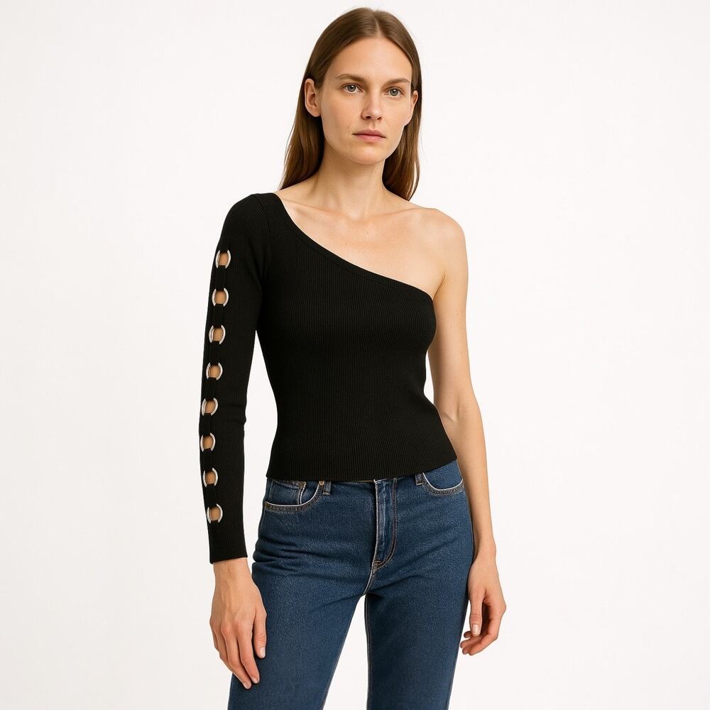 NEW Topshop Black One Shoulder Sleeve Rings Stretch Knit Pullover Sweater Top 4